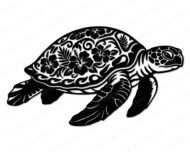 Sea turtle clipart on a transparent background. The sea turtle silhouette features a decorative shell filled with hibiscus flowers, tropical leaves, ocean waves and swirling botanical details. The sea turtle has detailed flippers, a textured head, and a bold black vector outline style. Digital sea turtle SVG & PNG vector image with intricate floral shell pattern.