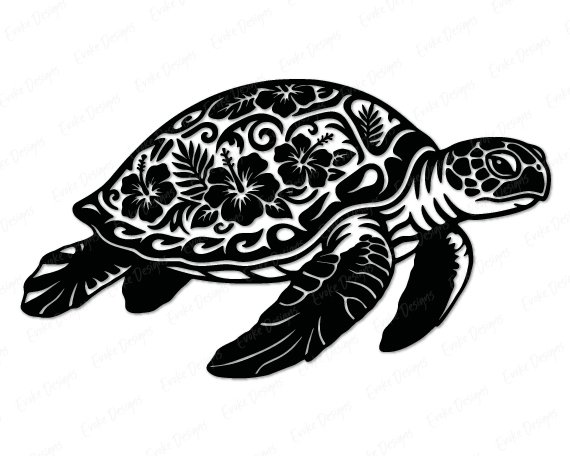 Sea Turtle Sea turtle clipart on a transparent background. The sea turtle silhouette features a decorative shell filled with hibiscus flowers, tropical leaves, ocean waves and swirling botanical details. The sea turtle has detailed flippers, a textured head, and a bold black vector outline style. Digital sea turtle SVG & PNG vector image with intricate floral shell pattern.