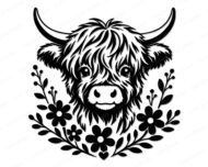 Black outline vector silhouette clipart of a cute baby highland cow head with fluffy hair, large gentle eyes, and small horns. This transparent background PNG features the baby highland cow framed by a minimalist floral arrangement of blooming flowers, leaves, and a tiny heart at the bottom. A crisp digital SVG cut file image of a baby highland cow.