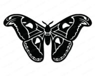 Black silhouette image of a large atlas moth with both wings fully spread in a symmetrical pose. The atlas moth has wide upper and lower wings filled with detailed oval markings, curved edges, and fine inner line details typical of an atlas moth. The body is thick and segmented with small antennae at the top. This atlas moth svg clipart is a clean black vector image on a transparent background with no fill colors.