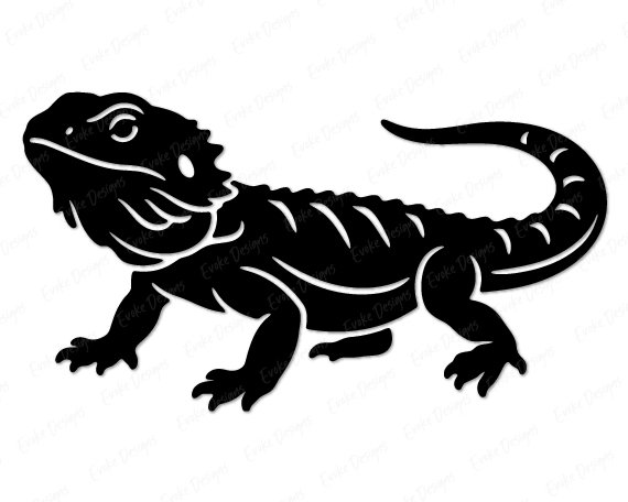 Black silhouette image of a bearded dragon shown from the side in a natural walking pose. The bearded dragon has detailed scale markings across the body, a wide flat head with a visible beard area, and a long tapering tail curving upward at the tip. The clawed feet are spread wide and the spiny ridge along the back adds texture and depth. This bearded dragon clipart is a clean vector silhouette on a transparent background.