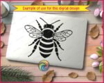 Black silhouette image of a bee shown from above, with fully spread wings featuring fine vein detail across each wing panel. The bee has a heavily textured thorax with a fuzzy outline, clearly segmented abdomen with scalloped stripe markings, long multi-jointed legs, and detailed antennae. This bee svg vector clipart is rendered in solid black with clean outlines on a transparent background, capturing the anatomy of a honeybee in precise detail.