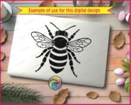 Black silhouette image of a bee shown from above, with fully spread wings featuring fine vein detail across each wing panel. The bee has a heavily textured thorax with a fuzzy outline, clearly segmented abdomen with scalloped stripe markings, long multi-jointed legs, and detailed antennae. This bee svg vector clipart is rendered in solid black with clean outlines on a transparent background, capturing the anatomy of a honeybee in precise detail.