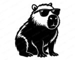 Black silhouette image of a capybara sitting upright and wearing large, dark sunglasses. The capybara svg shows a fluffy, rounded body with detailed fur texture across the chest and sides, small rounded ears on top of the head, and a wide flat nose. The sunglasses rest across the capybara's face with visible lens frames and nose bridge. This capybara clipart vector is a clean black silhouette on a transparent background with no fill gradients.