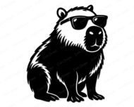 Black silhouette image of a capybara sitting upright and wearing large, dark sunglasses. The capybara svg shows a fluffy, rounded body with detailed fur texture across the chest and sides, small rounded ears on top of the head, and a wide flat nose. The sunglasses rest across the capybara's face with visible lens frames and nose bridge. This capybara clipart vector is a clean black silhouette on a transparent background with no fill gradients.