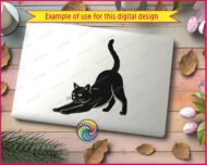 Black silhouette image of a stretching cat in a deep forward bow pose, with both front legs extended forward along the ground and the tail raised in a tall elegant curl. The stretching cat silhouette shows fine fur texture detail around the edges, pointed ears, and a focused feline expression. This stretching cat clipart is a minimalist black vector svg and png with a transparent background, capturing the full body of the cat in profile from the side.