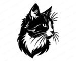 Black silhouette image of a long-haired cat face in detailed vector style. The cat svg shows thick layered fur around the neck and chest, pointed ear tufts, and long fine whiskers extending outward. The cat has a sharp, realistic eye and a slightly turned three-quarter pose. This clipart png is a clean black silhouette of a fluffy cat on a transparent background, making it a versatile digital cut file.