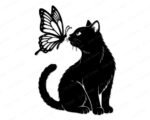 Black silhouette image of a sitting cat leaning forward, touching noses with a large butterfly perched mid-air in front of it. The cat and butterfly face each other in a calm, curious moment - the cat's fur is softly detailed with fine line texture, its tail curled around its side. The butterfly's wings are fully spread and filled with intricate vein and spot detail. This cat and butterfly clipart is a clean vector silhouette png on a transparent background, ideal as a cut file.
