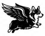 Black silhouette image of a corgi with angel wings, shown in a dynamic side-profile flying pose with both paws stretched forward. The design features a large detailed feathered wing spread across the upper body, with layered individual feathers clearly defined. The solid black corgi body contrasts against the wing detail. This corgi with angel wings svg clipart vector sits on a transparent background with clean precise lines throughout the design.
