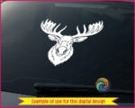 Black moose head SVG PNG clipart on transparent background. Front-facing moose portrait featuring large wide-spread antlers, pointed ears, defined snout and textured fur. Moose silhouette vector with fine outline detail lines throughout.