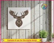 Black moose head SVG PNG clipart on transparent background. Front-facing moose portrait featuring large wide-spread antlers, pointed ears, defined snout and textured fur. Moose silhouette vector with fine outline detail lines throughout.