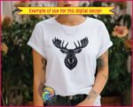 Black moose head SVG PNG clipart on transparent background. Front-facing moose portrait featuring large wide-spread antlers, pointed ears, defined snout and textured fur. Moose silhouette vector with fine outline detail lines throughout.