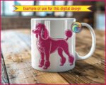 A detailed black poodle clipart showing a full body side view of a standard poodle in a classic show continental haircut. The poodle stands proud and alert, facing left, with a fluffy rounded top knot, curly chest fur, pom pom anklets on all four legs and a curved tail with a pom at the tip. Detailed poodle silhouette png and svg vector on a transparent background.