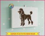 A detailed black poodle clipart showing a full body side view of a standard poodle in a classic show continental haircut. The poodle stands proud and alert, facing left, with a fluffy rounded top knot, curly chest fur, pom pom anklets on all four legs and a curved tail with a pom at the tip. Detailed poodle silhouette png and svg vector on a transparent background.