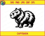 Capybara clipart PNG SVG on a transparent background. The capybara is depicted in a bold black silhouette style with detailed fur texture showing layered, jagged strokes across the body. The stocky rodent stands in a side profile with its broad flat head, small rounded ears, sturdy legs and thick textured coat clearly visible.
