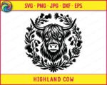 A black minimalist outline silhouette of a highland cow head, featuring long horns and a shaggy coat, framed by a circular wreath of wild thistles, bluebells, daisies and wildflowers. This digital highland cow clipart vector is presented as a high-quality SVG and PNG image, showcasing a detailed Scottish highland cow cut file design on an isolated transparent background.