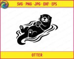 Black silhouette clipart image of a cute sea otter floating on its back in wavy water. The minimalist otter vector graphic shows the animal smiling, with detailed paws and whiskers, holding a seashell closely to its chest. This digital cut file design is presented as an otter SVG and PNG on an isolated transparent background.