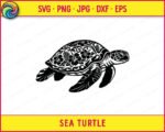 Sea turtle clipart on a transparent background. The sea turtle silhouette features a decorative shell filled with hibiscus flowers, tropical leaves, ocean waves and swirling botanical details. The sea turtle has detailed flippers, a textured head, and a bold black vector outline style. Digital sea turtle SVG & PNG vector image with intricate floral shell pattern.