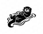 Black silhouette clipart image of a cute sea otter floating on its back in wavy water. The minimalist otter vector graphic shows the animal smiling, with detailed paws and whiskers, holding a seashell closely to its chest. This digital cut file design is presented as an otter SVG and PNG on an isolated transparent background.
