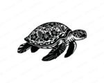 Sea turtle clipart on a transparent background. The sea turtle silhouette features a decorative shell filled with hibiscus flowers, tropical leaves, ocean waves and swirling botanical details. The sea turtle has detailed flippers, a textured head, and a bold black vector outline style. Digital sea turtle SVG & PNG vector image with intricate floral shell pattern.