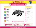 Sea turtle clipart on a transparent background. The sea turtle silhouette features a decorative shell filled with hibiscus flowers, tropical leaves, ocean waves and swirling botanical details. The sea turtle has detailed flippers, a textured head, and a bold black vector outline style. Digital sea turtle SVG & PNG vector image with intricate floral shell pattern.