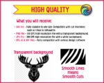 Black moose head SVG PNG clipart on transparent background. Front-facing moose portrait featuring large wide-spread antlers, pointed ears, defined snout and textured fur. Moose silhouette vector with fine outline detail lines throughout.