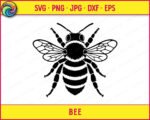 Black silhouette image of a bee shown from above, with fully spread wings featuring fine vein detail across each wing panel. The bee has a heavily textured thorax with a fuzzy outline, clearly segmented abdomen with scalloped stripe markings, long multi-jointed legs, and detailed antennae. This bee svg vector clipart is rendered in solid black with clean outlines on a transparent background, capturing the anatomy of a honeybee in precise detail.