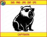 Black silhouette image of a capybara sitting upright and wearing large, dark sunglasses. The capybara svg shows a fluffy, rounded body with detailed fur texture across the chest and sides, small rounded ears on top of the head, and a wide flat nose. The sunglasses rest across the capybara's face with visible lens frames and nose bridge. This capybara clipart vector is a clean black silhouette on a transparent background with no fill gradients.