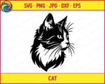Black silhouette image of a long-haired cat face in detailed vector style. The cat svg shows thick layered fur around the neck and chest, pointed ear tufts, and long fine whiskers extending outward. The cat has a sharp, realistic eye and a slightly turned three-quarter pose. This clipart png is a clean black silhouette of a fluffy cat on a transparent background, making it a versatile digital cut file.