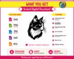 Black silhouette image of a long-haired cat face in detailed vector style. The cat svg shows thick layered fur around the neck and chest, pointed ear tufts, and long fine whiskers extending outward. The cat has a sharp, realistic eye and a slightly turned three-quarter pose. This clipart png is a clean black silhouette of a fluffy cat on a transparent background, making it a versatile digital cut file.