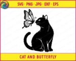 Black silhouette image of a sitting cat leaning forward, touching noses with a large butterfly perched mid-air in front of it. The cat and butterfly face each other in a calm, curious moment - the cat's fur is softly detailed with fine line texture, its tail curled around its side. The butterfly's wings are fully spread and filled with intricate vein and spot detail. This cat and butterfly clipart is a clean vector silhouette png on a transparent background, ideal as a cut file.