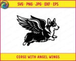 Black silhouette image of a corgi with angel wings, shown in a dynamic side-profile flying pose with both paws stretched forward. The design features a large detailed feathered wing spread across the upper body, with layered individual feathers clearly defined. The solid black corgi body contrasts against the wing detail. This corgi with angel wings svg clipart vector sits on a transparent background with clean precise lines throughout the design.