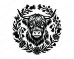 A black minimalist outline silhouette of a highland cow head, featuring long horns and a shaggy coat, framed by a circular wreath of wild thistles, bluebells, daisies and wildflowers. This digital highland cow clipart vector is presented as a high-quality SVG and PNG image, showcasing a detailed Scottish highland cow cut file design on an isolated transparent background.