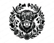 A black minimalist outline silhouette of a highland cow head, featuring long horns and a shaggy coat, framed by a circular wreath of wild thistles, bluebells, daisies and wildflowers. This digital highland cow clipart vector is presented as a high-quality SVG and PNG image, showcasing a detailed Scottish highland cow cut file design on an isolated transparent background.