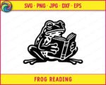 Black silhouette image of a frog reading a book, shown as a large detailed tree frog sitting upright with an open book held in both front feet. The frog reading design features thick bold outlines, textured skin markings, a large round eye, and clearly defined toes. The open book shows visible page lines and a spine. This frog reading svg clipart vector is rendered in solid black on a transparent background with clean, precise line work throughout.