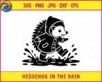 Black silhouette image of a hedgehog in the rain, wearing a hooded raincoat and chunky boots, shown mid-stride with water splashing up around its feet. The hedgehog in the rain svg features detailed spines on the back, buttons running down the coat front, and a smiling face with a round eye. The hedgehog in the rain design is a clean black vector clipart on a transparent background, with bold puddle splash shapes spread across the base of the image.