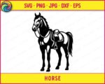 Black silhouette image of a saddled horse standing and facing left in a strong, composed pose. The horse svg shows clear detail in the western-style saddle with stirrups, a bridle on the horse's face, and a flowing mane and tail. This horse clipart is a minimalist vector png on a transparent background, capturing the full body of the horse from nose to hooves in solid black.