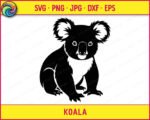 Black silhouette image of a koala sitting upright with its small clawed feet resting flat on the ground. The koala has large, rounded fluffy ears with detailed fur texture, a wide oval nose, small round eyes, and a soft lighter chest area indicated by negative space within the silhouette. This koala svg clipart is a clean, detailed vector with a transparent background, perfect as a png or cut file for digital use.
