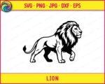 Black silhouette image of a walking lion shown in full side profile. The lion has a thick, detailed mane that fans out around its head and neck. Its body is mid-stride with all four legs visible and a long tail curving behind it. This lion svg png vector clipart features clean black outlines with solid filled areas, set on a transparent background. The lion silhouette has strong contrast and sharp cut-ready edges throughout.