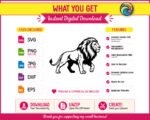 Black silhouette image of a walking lion shown in full side profile. The lion has a thick, detailed mane that fans out around its head and neck. Its body is mid-stride with all four legs visible and a long tail curving behind it. This lion svg png vector clipart features clean black outlines with solid filled areas, set on a transparent background. The lion silhouette has strong contrast and sharp cut-ready edges throughout.