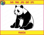 Black silhouette image of a giant panda sitting in a relaxed upright pose, facing slightly to the left. The panda has its front legs resting on the ground and its rounded belly visible between them. Classic panda markings are shown in solid black including the eye patches, ears, and limbs against the white body areas. This panda svg clipart vector has clean smooth outlines and sits on a transparent background, making it a clear and detailed panda cut file image.