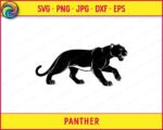 Black silhouette image of a panther walking low to the ground in a stalking pose, shown in full side profile. The panther's head is angled forward with a slightly open mouth showing teeth, and small eye detail visible. The body is long and muscular with a smooth curved back, and the tail sweeps down and back. All four legs are mid-stride with spread claws clearly defined. A clean panther vector silhouette svg on a transparent background.