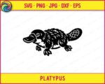 Black silhouette image of a platypus shown in a detailed side-facing pose. The platypus has a wide flat duck bill, a scaled beaver-like tail, and a heavily textured feathered body with visible fur layers. The platypus svg shows four clawed feet with the front feet spread outward. This platypus png vector clipart sits on a transparent background with strong contrast and clean cut lines throughout the design.