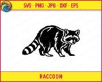 Black silhouette image of a walking raccoon shown in full side profile, with detailed textured fur markings across the body, a clearly defined striped ringed tail, and the distinctive masked face marking around the eyes. The raccoon is posed low to the ground mid-stride, giving the image a natural and realistic look. This raccoon svg clipart vector is saved on a transparent background with clean, bold outlines throughout the design.