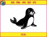 Black silhouette image of a seal sitting upright in a classic sea lion pose. The seal has a round, plump body with a lighter chest area, short front flippers, and a fan-shaped tail flipper behind it. The seal's face features large round eyes, a broad nose, and long detailed whiskers fanning out to each side. This seal clipart is a clean vector png with a transparent background, drawn in a bold minimalist silhouette outline style.