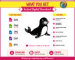 Black silhouette image of a seal sitting upright in a classic sea lion pose. The seal has a round, plump body with a lighter chest area, short front flippers, and a fan-shaped tail flipper behind it. The seal's face features large round eyes, a broad nose, and long detailed whiskers fanning out to each side. This seal clipart is a clean vector png with a transparent background, drawn in a bold minimalist silhouette outline style.