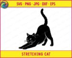 Black silhouette image of a stretching cat in a deep forward bow pose, with both front legs extended forward along the ground and the tail raised in a tall elegant curl. The stretching cat silhouette shows fine fur texture detail around the edges, pointed ears, and a focused feline expression. This stretching cat clipart is a minimalist black vector svg and png with a transparent background, capturing the full body of the cat in profile from the side.