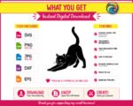 Black silhouette image of a stretching cat in a deep forward bow pose, with both front legs extended forward along the ground and the tail raised in a tall elegant curl. The stretching cat silhouette shows fine fur texture detail around the edges, pointed ears, and a focused feline expression. This stretching cat clipart is a minimalist black vector svg and png with a transparent background, capturing the full body of the cat in profile from the side.