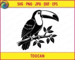 Black silhouette image of a toucan perched on a tree branch with tropical leaves. The toucan has a large curved beak with detailed shading, layered wing and body feathers, and small clawed feet gripping the branch. This toucan clipart is a minimalist black vector png on a transparent background. The toucan svg design includes leaf clusters around the branch, adding a natural jungle feel to the overall composition.