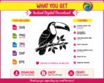 Black silhouette image of a toucan perched on a tree branch with tropical leaves. The toucan has a large curved beak with detailed shading, layered wing and body feathers, and small clawed feet gripping the branch. This toucan clipart is a minimalist black vector png on a transparent background. The toucan svg design includes leaf clusters around the branch, adding a natural jungle feel to the overall composition.